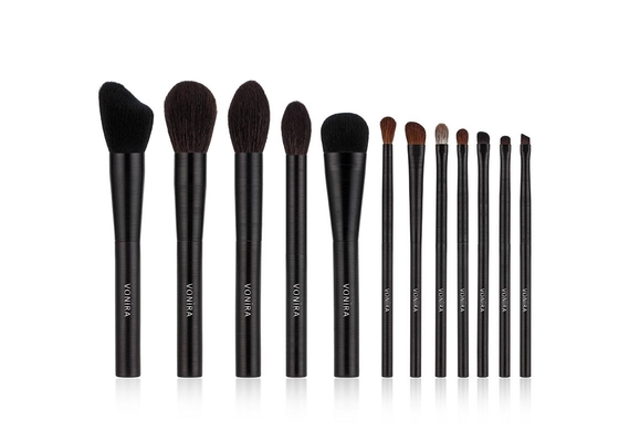 Kuas Rias Rambut Vegan Alami Set 12 pcs Dengan Kawat Hitam Menggambar Pegangan Logam